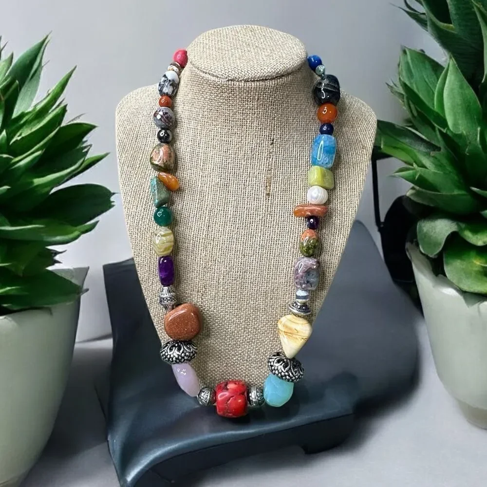 Handmade Genuine Multi Gemstone Chunky Beads Blessingway Necklace 22” 925 Silver